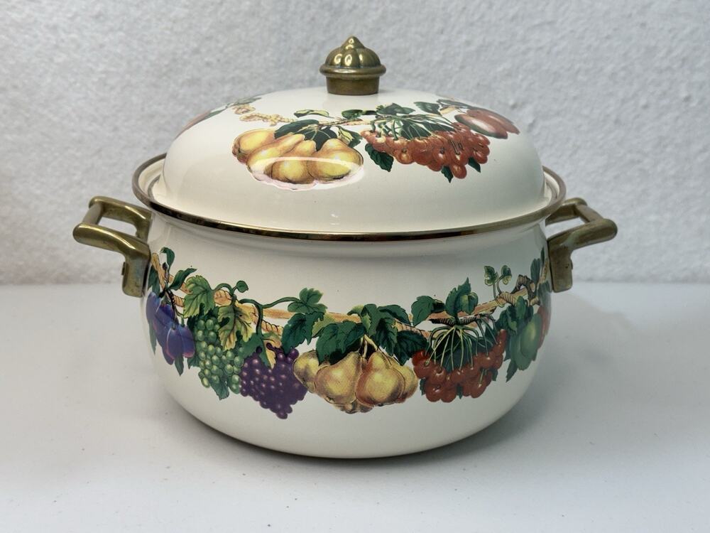 Tabletops Unlimited Kensington Garden Enamel Dutch Oven Stock Pot Brass Handles